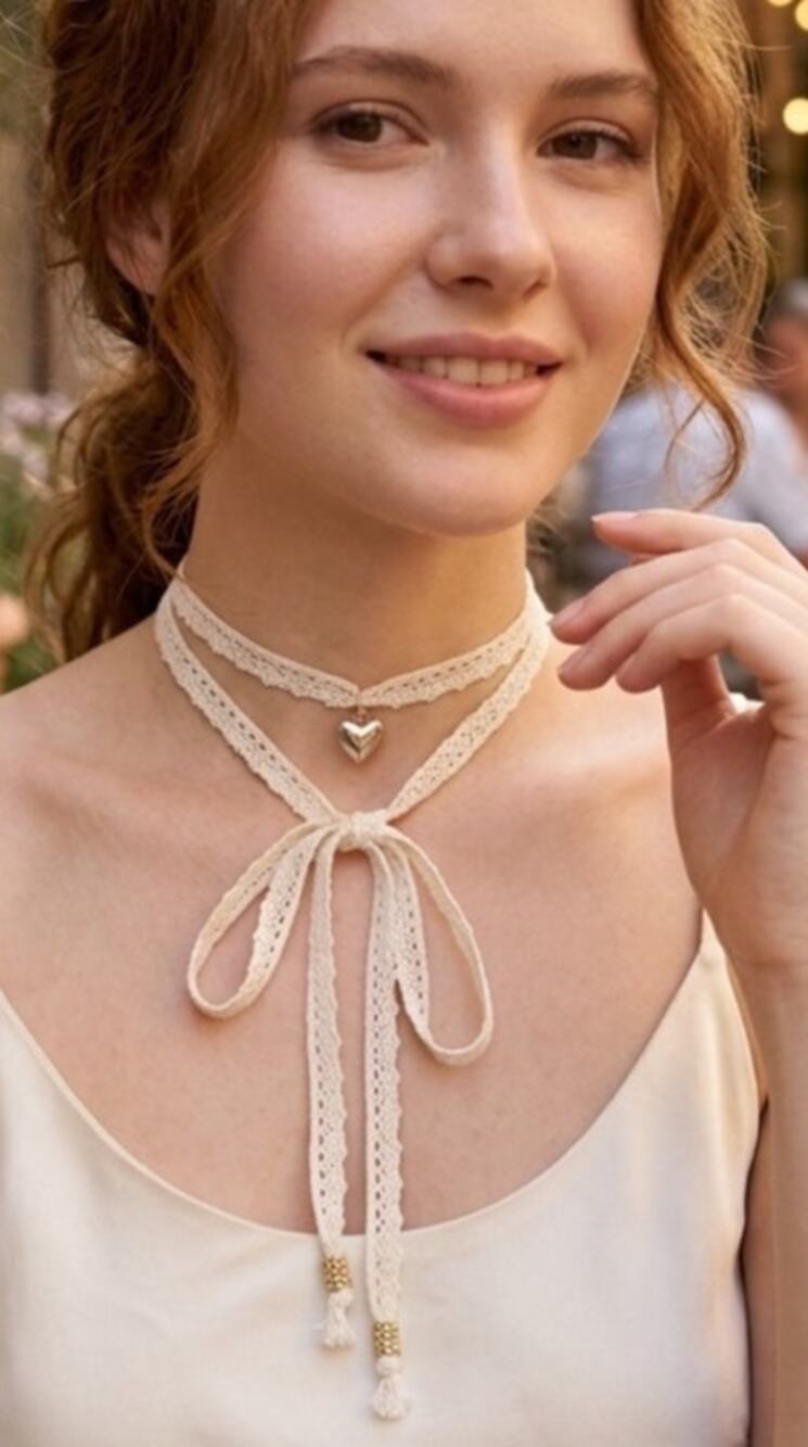 Handmade Small Goldtone Heart Locket Layered Choker Necklace with Lace Band